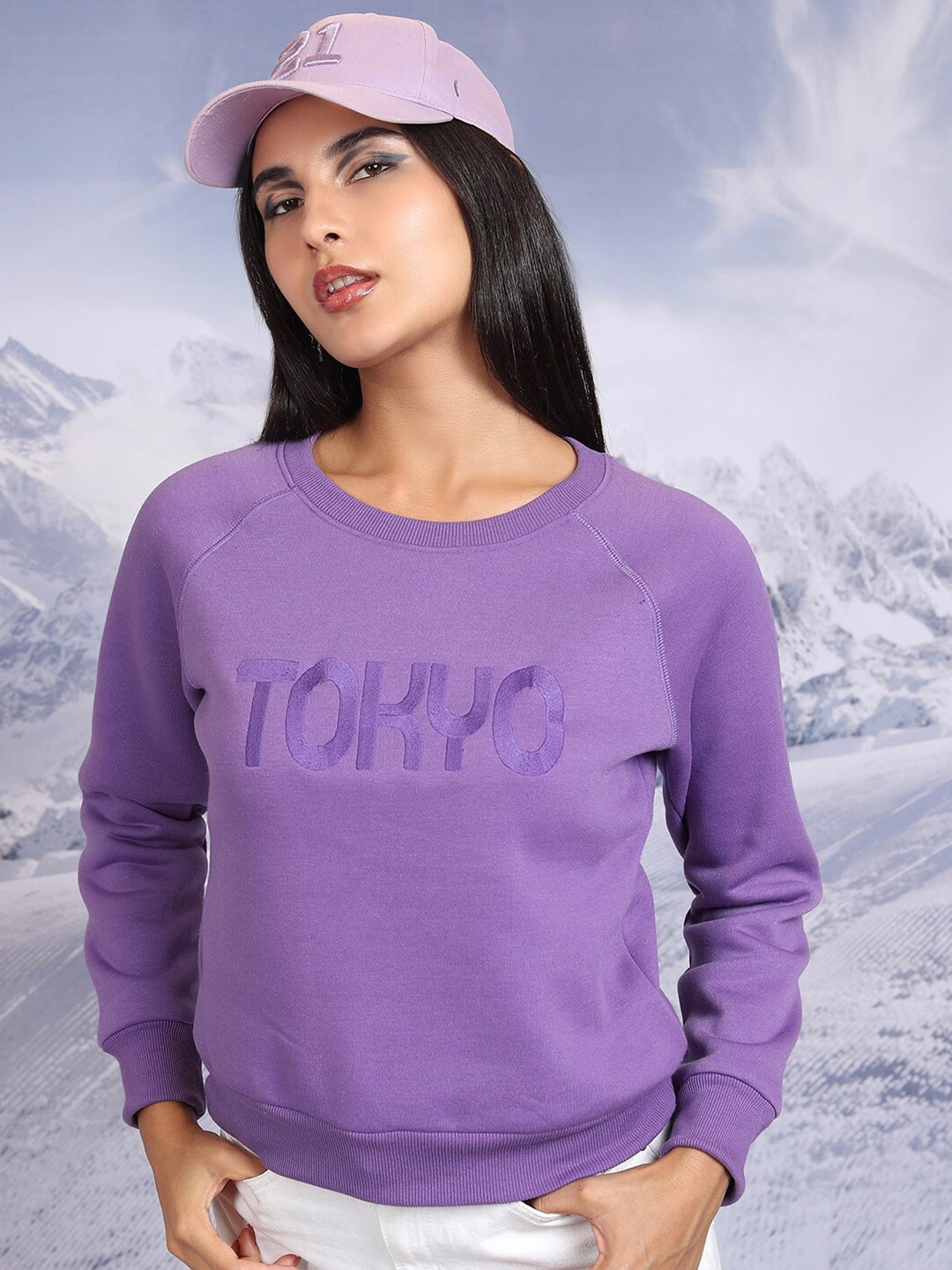 

Tokyo Talkies Purple Typography Embroidered Sweatshirt