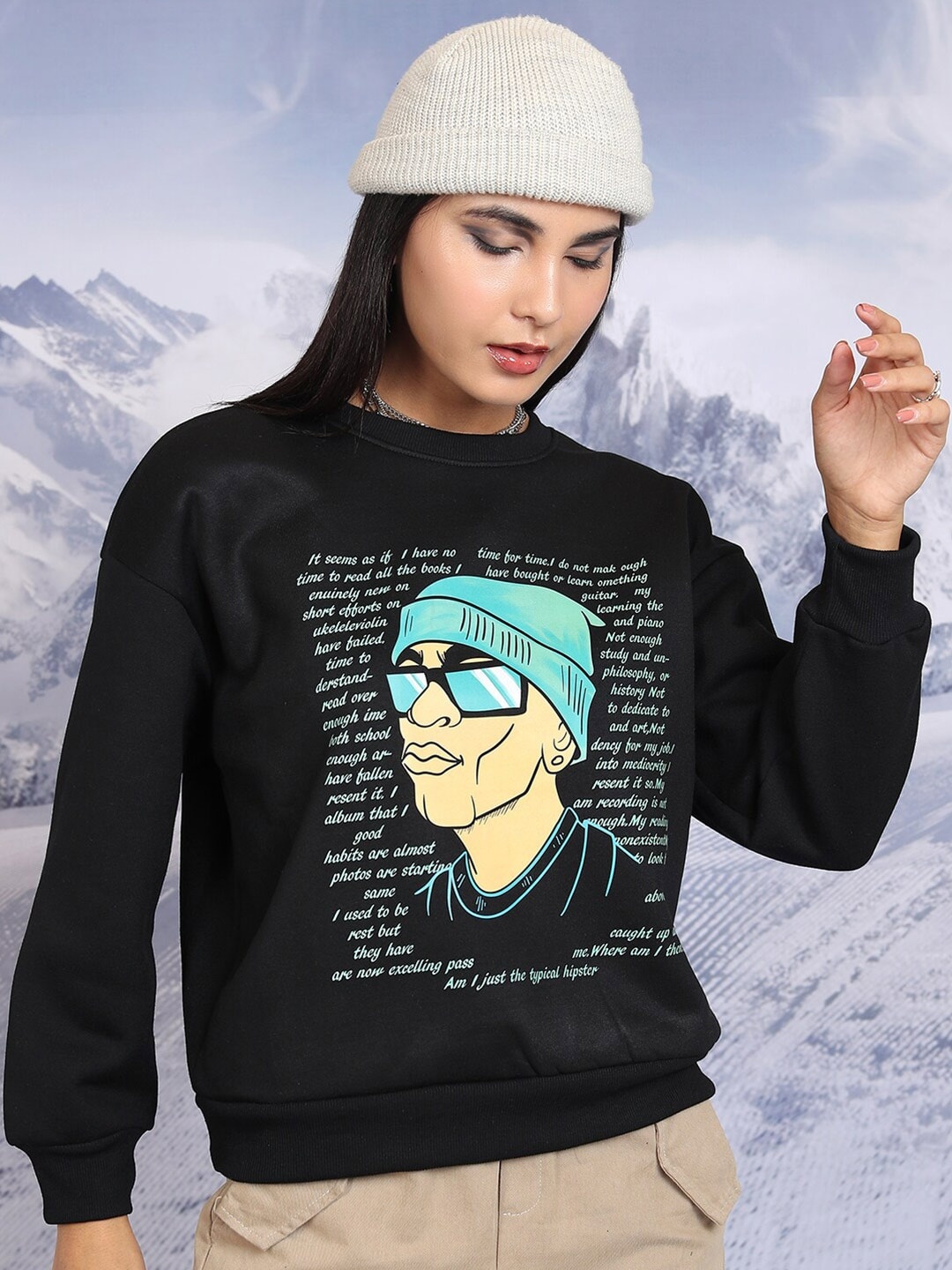 Tokyo Talkies Black Graphic Printed Oversized Sweatshirt