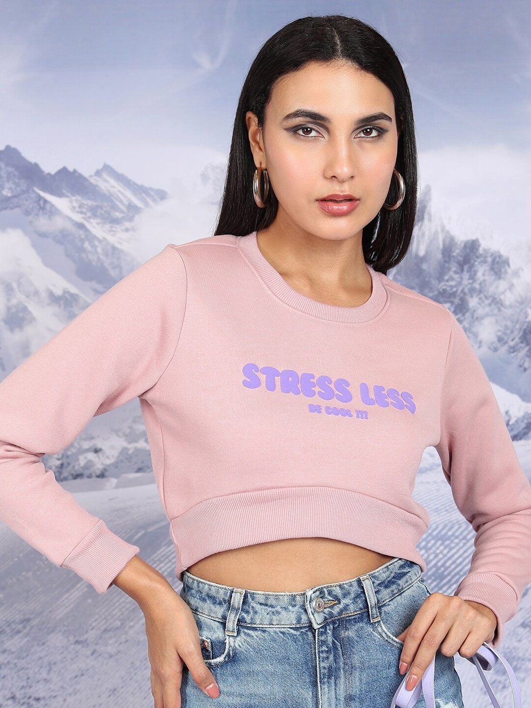 

Tokyo Talkies Pink Typography Printed Long Sleeves Cropped Pullover