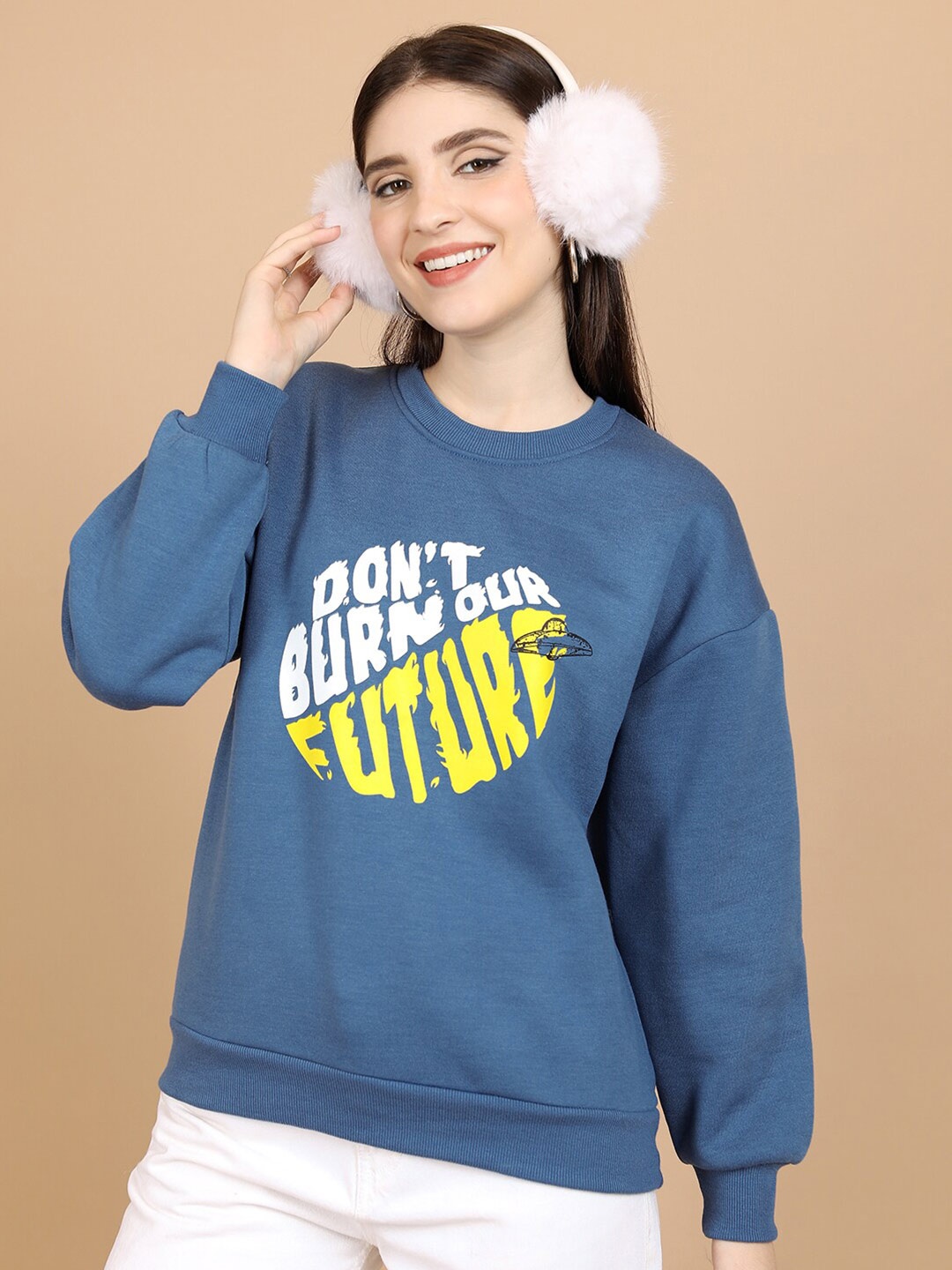 

Tokyo Talkies Blue Typography Printed Long Sleeves Oversized Pullover