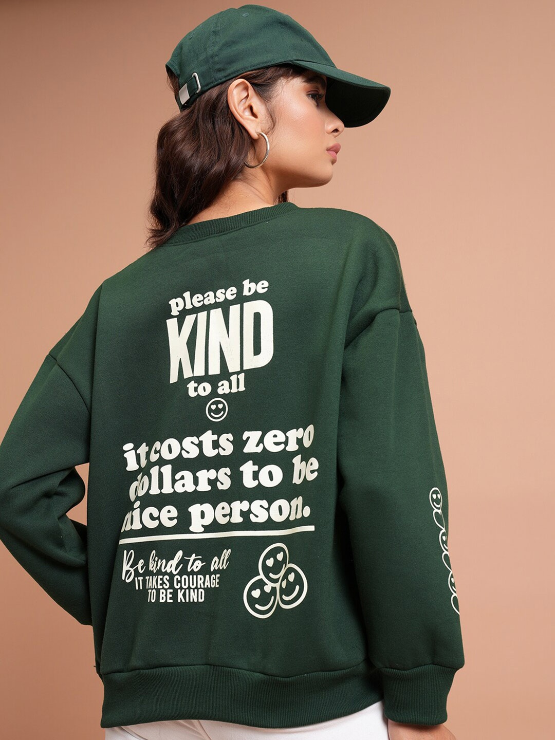 

Tokyo Talkies Green Typography Printed Long Sleeves Oversized Pullover
