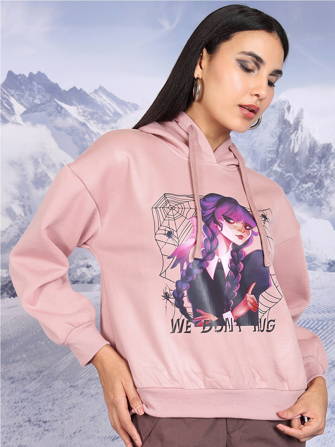 

Tokyo Talkies Pink Graphic Printed Hooded Oversized Pullover