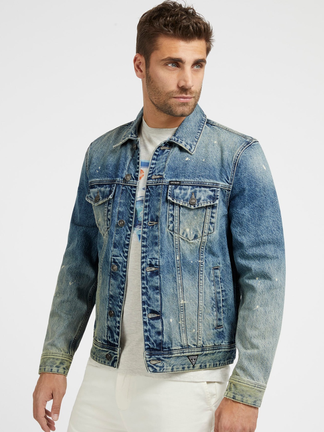 

GUESS Spread Collar Washed Pure Cotton Denim Jacket, Blue