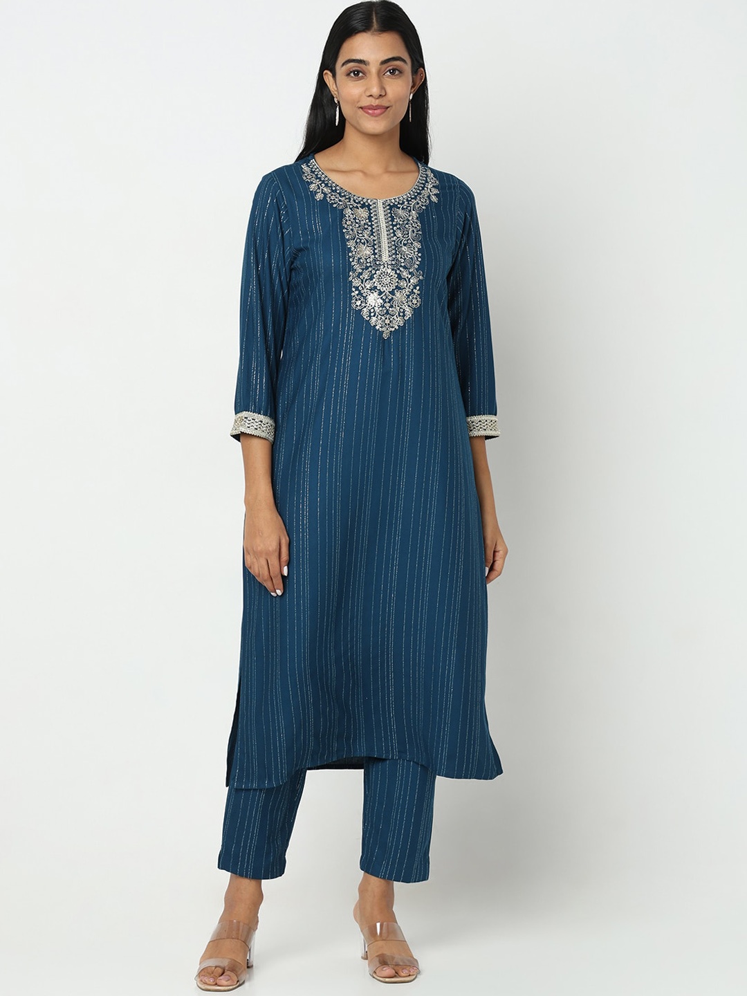 

Ethnicity Regular Fit Embroidered Kurta With Trousers, Blue