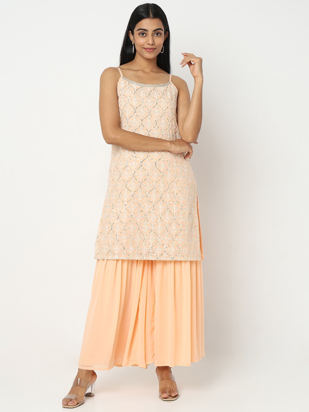 

Ethnicity Sequinned Embellished Straight Kurta With Sharara & Dupatta, Peach