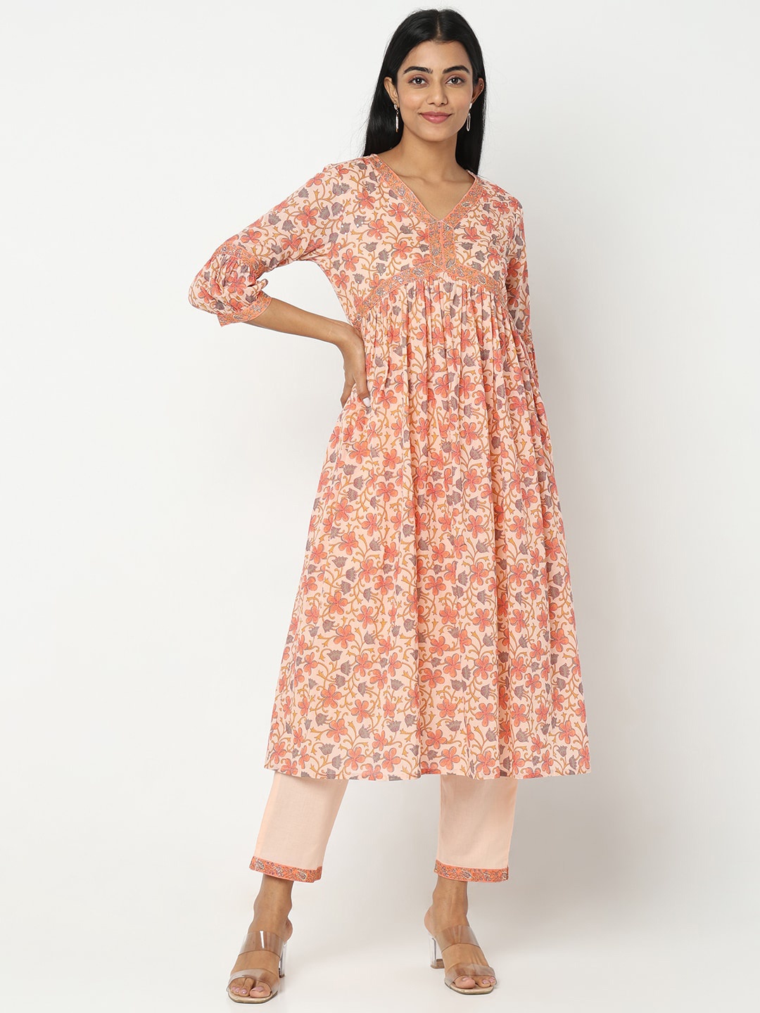 

Ethnicity Floral Printed Pure Cotton Empire Kurta With Trousers, Beige