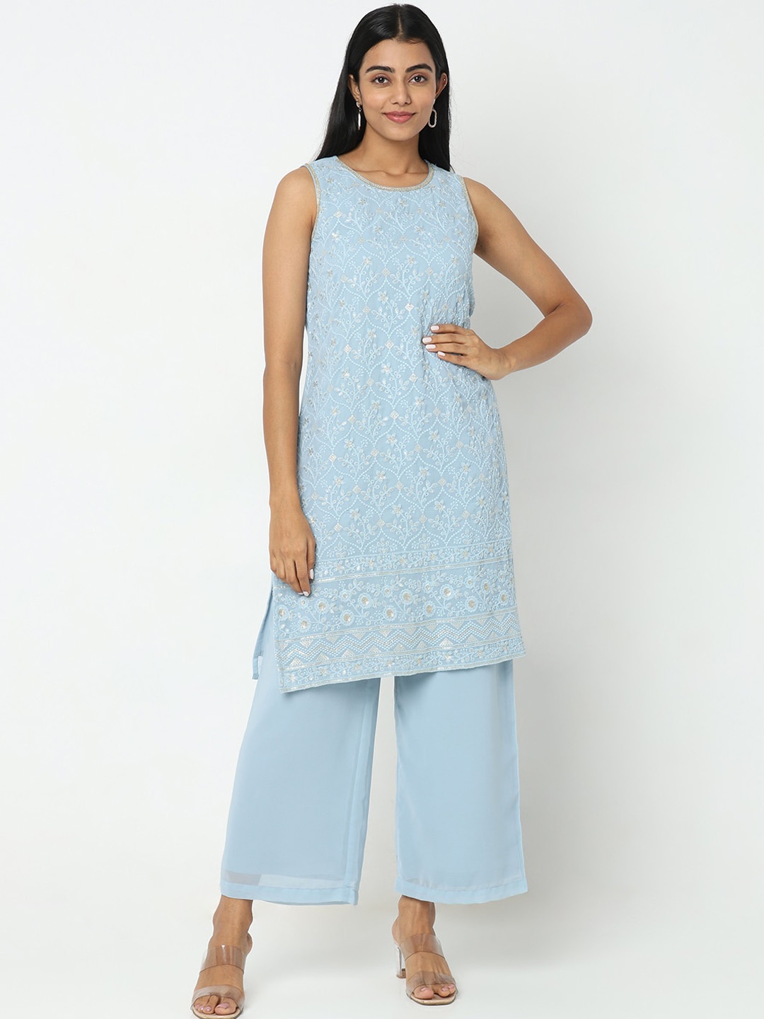 

Ethnicity Floral Embroidered Straight Kurta with Palazzos, Blue