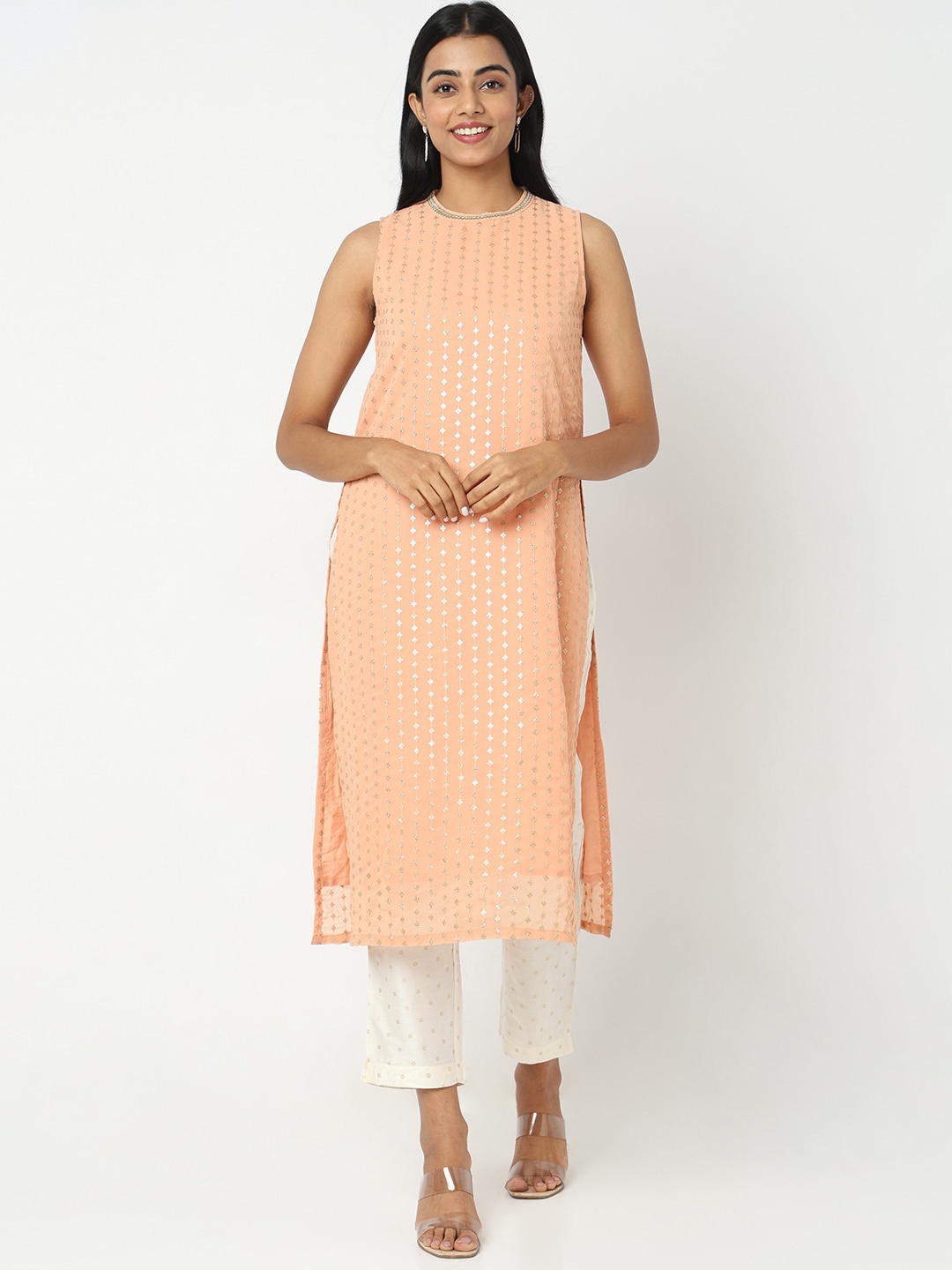 

Ethnicity Ethnic Motifs Embroidered Sequins Straight Kurta, Peach