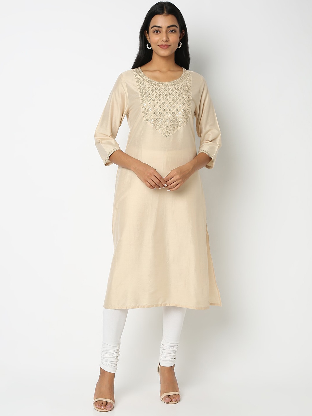 

Ethnicity Regular Fit Embroidered Kurta, Beige