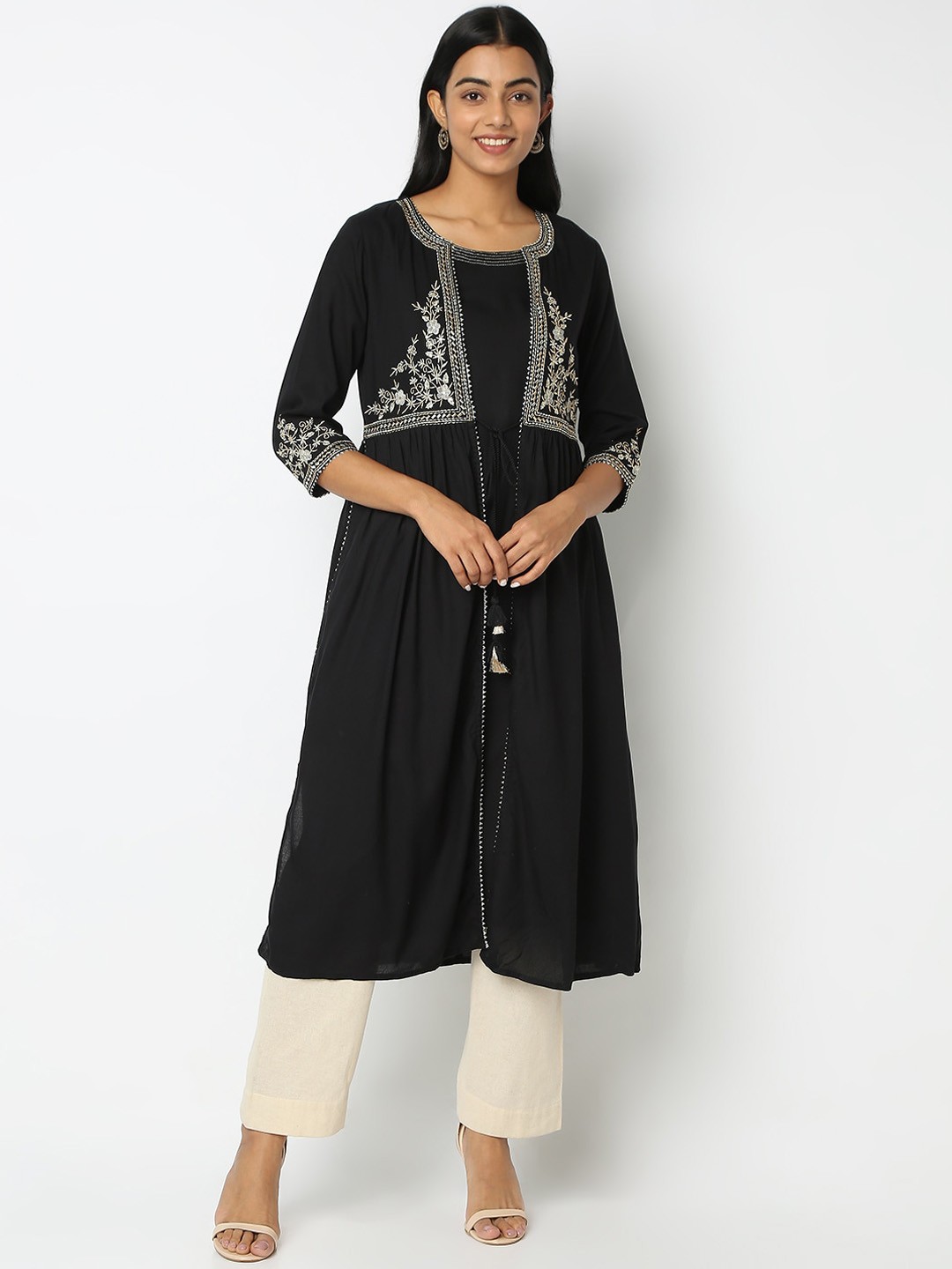 

Ethnicity Zari Embroidered Layer Kurta, Black
