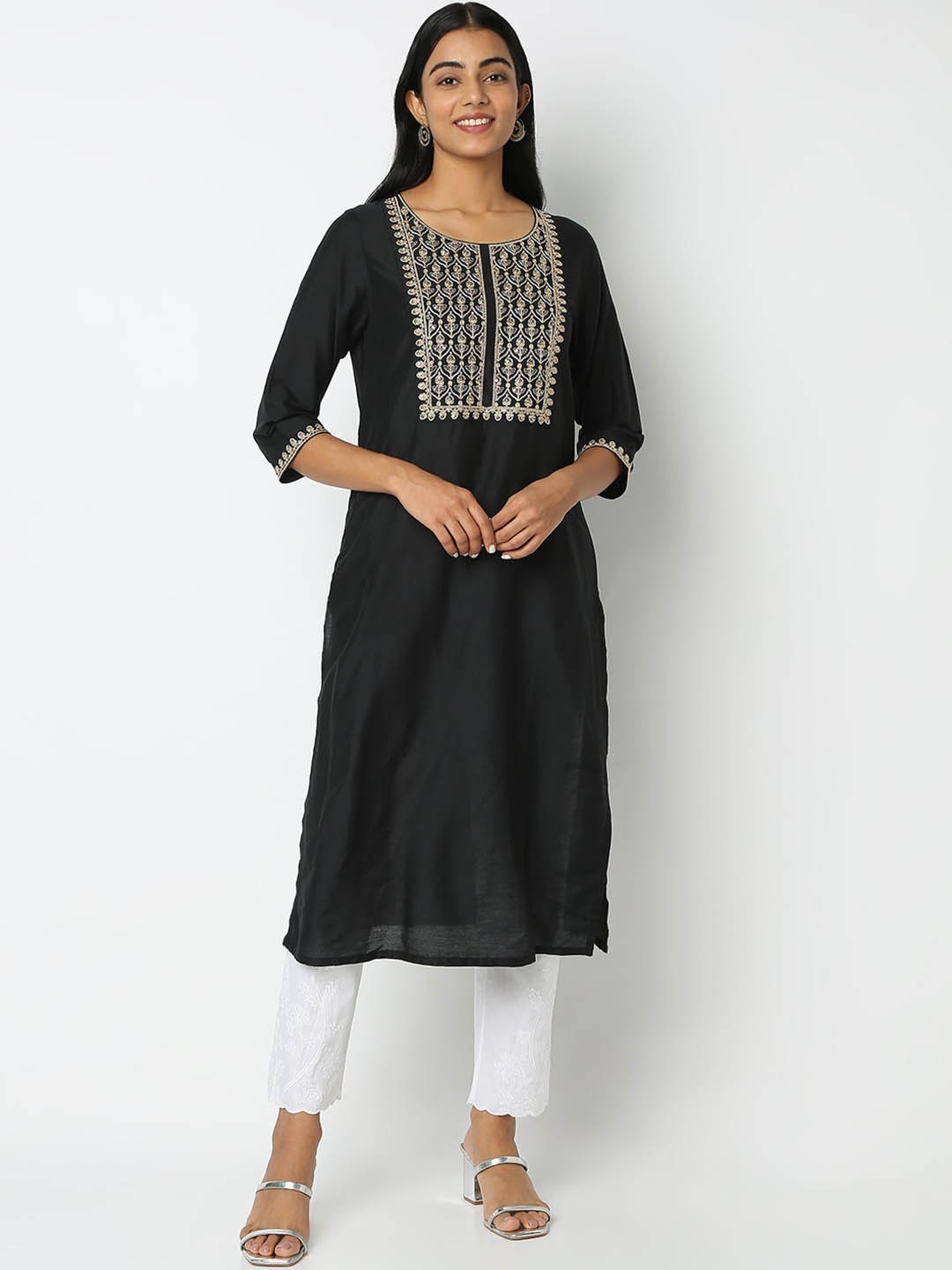 

Ethnicity Ethnic Motifs Yoke Design Straight Kurta, Black