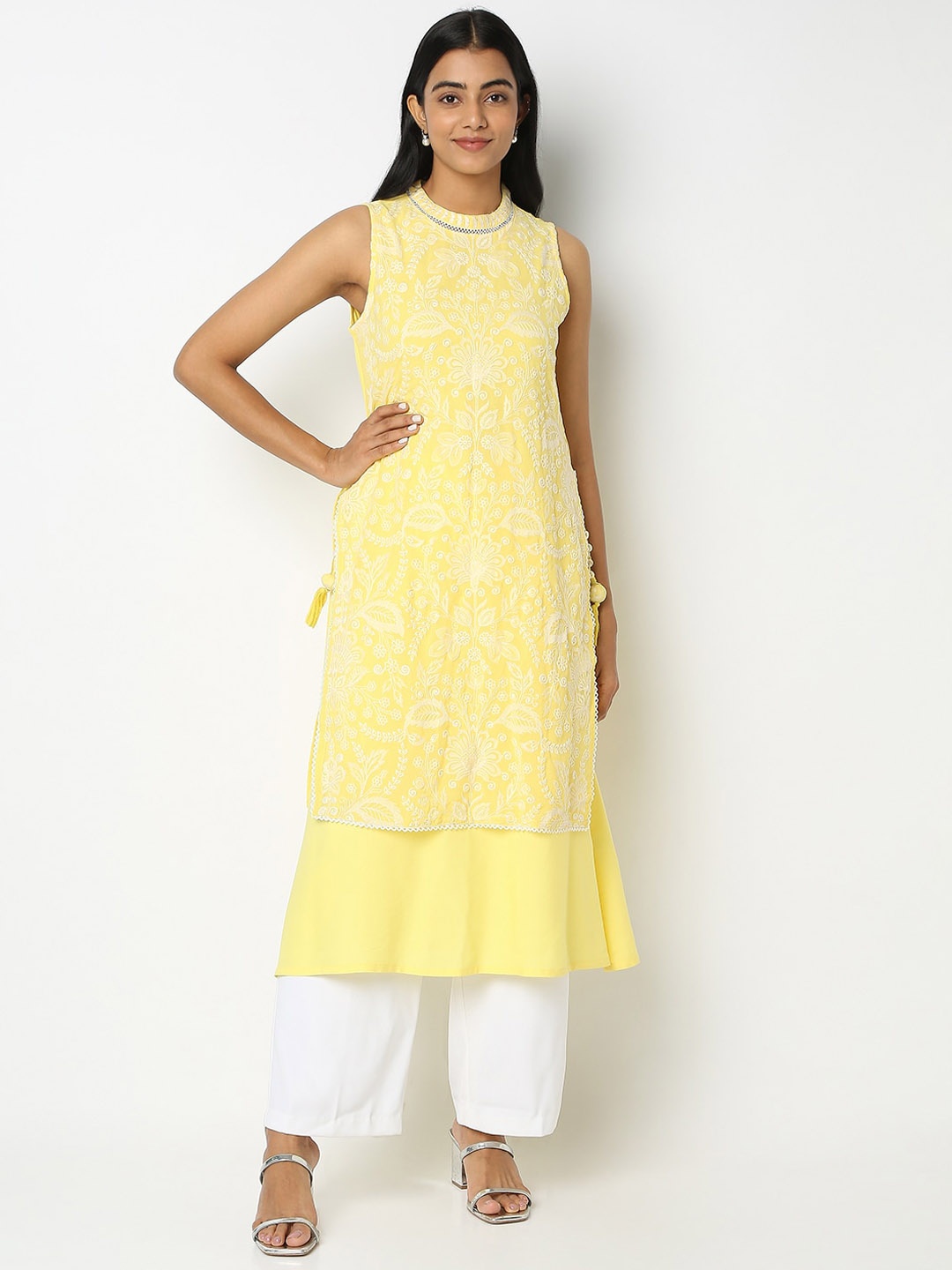 

Ethnicity Ethnic motif Embroidered A-Line Layered Kurta, Yellow