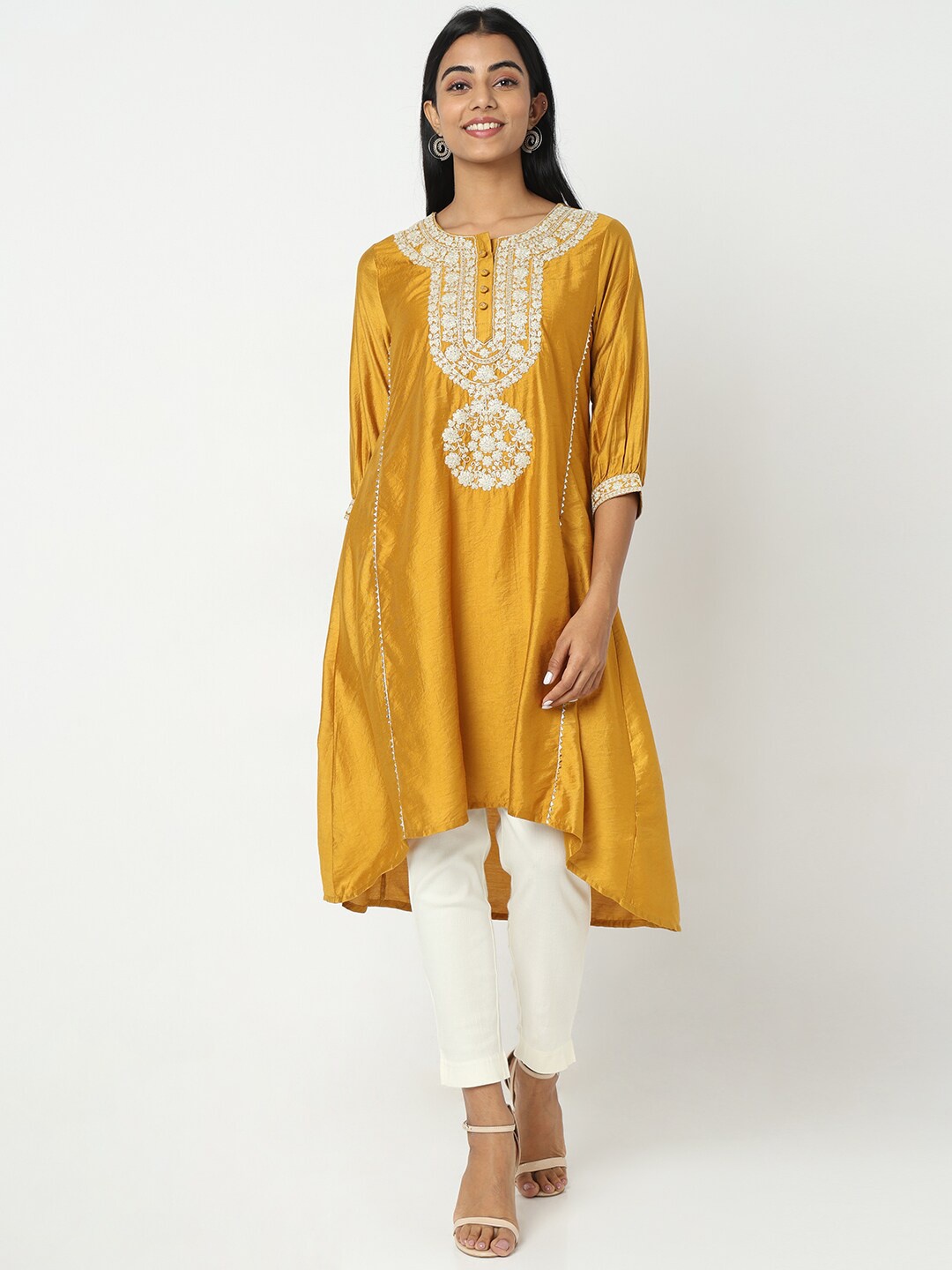 

Ethnicity Floral Embroidered Puff Sleeves Thread Work A- Line Kurta, Yellow