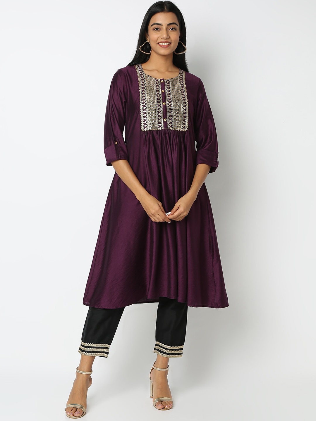 

Ethnicity Geometric Embroidered Sequins A-Line Kurta, Purple