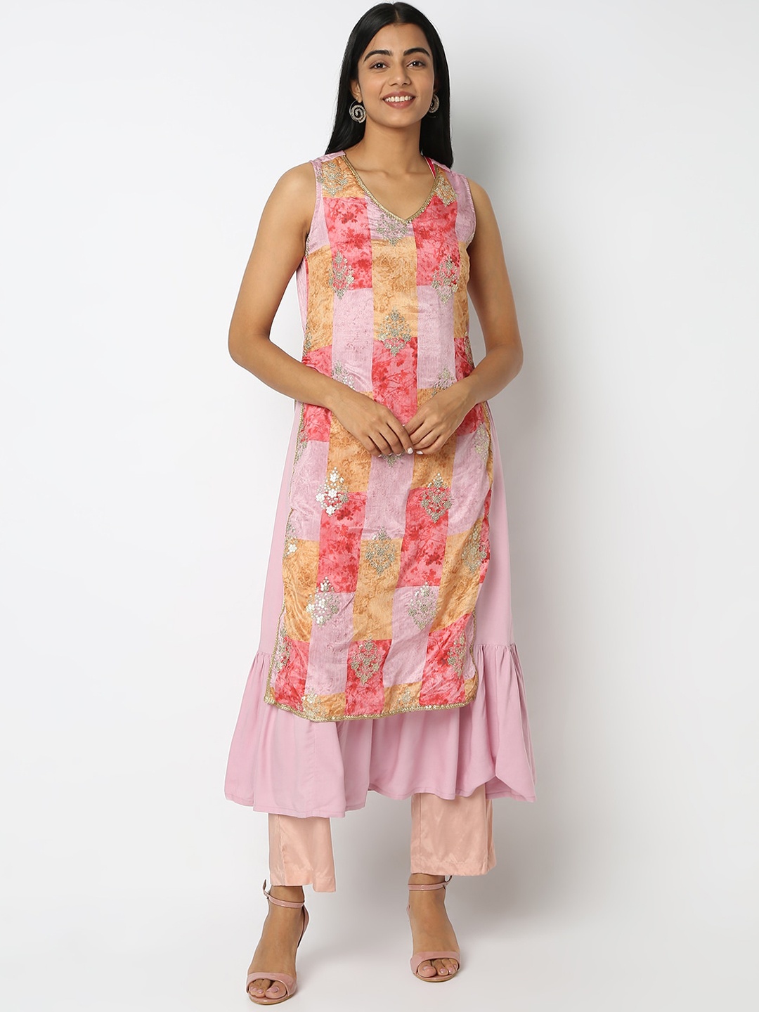 

Ethnicity Geometric Printed V-Neck Sleeveless Sequins Straight Kurta, Pink