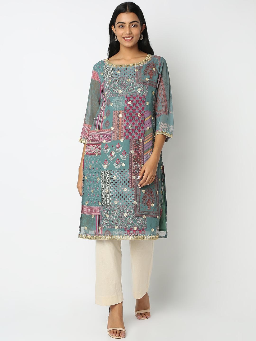 

Ethnicity Ethnic Motifs Printed Puff Sleeves Sequins Kurta, Green