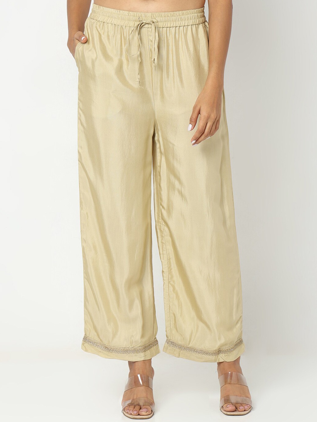 

Ethnicity Mid Rise Flared Palazzos, Gold