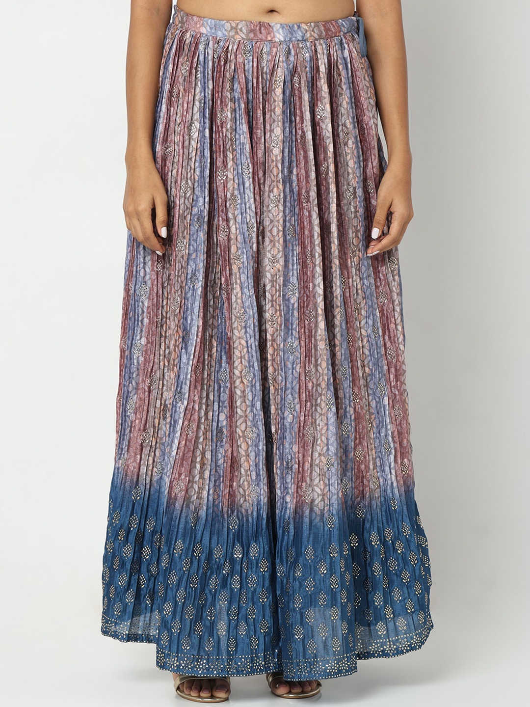 

Ethnicity Floral Printed Embellished Mid-Rise Flared Maxi Skirts, Blue
