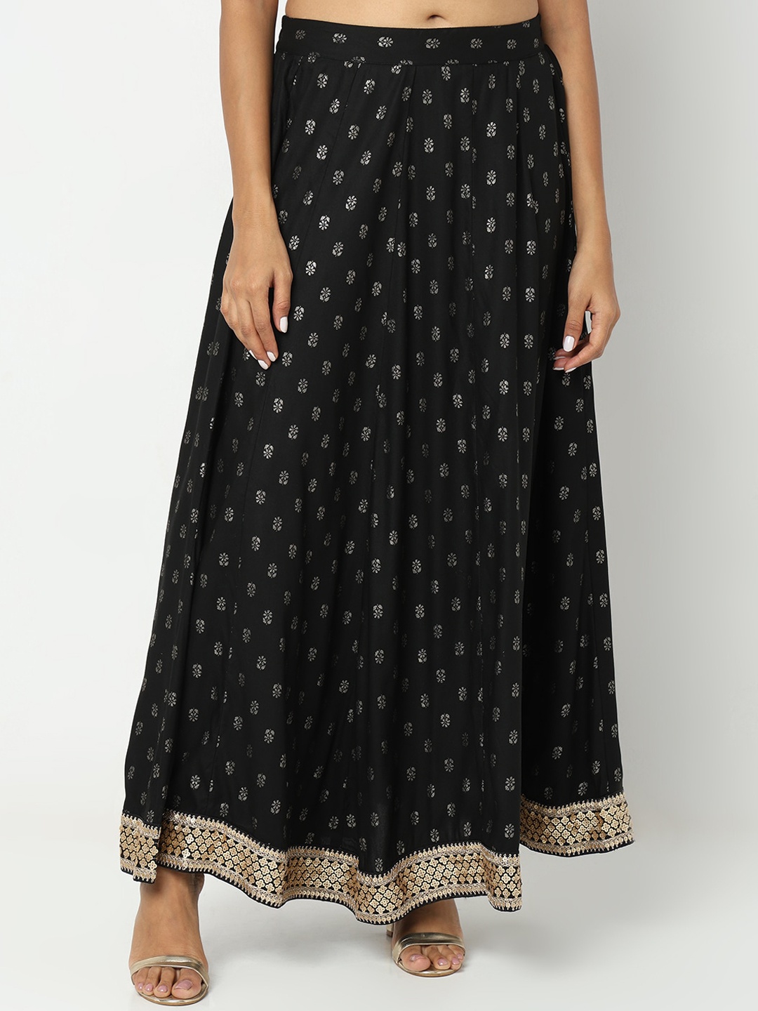 

Ethnicity Ethnic Motifs Printed Flared Maxi Skirt, Black