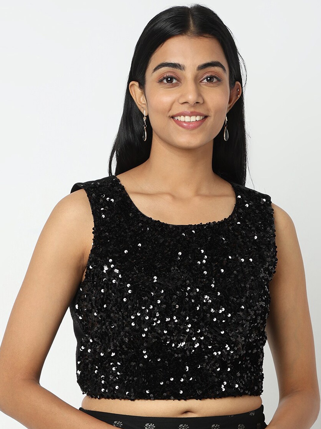 

Ethnicity Embellished Sequined Slim Fit Crop Top, Black