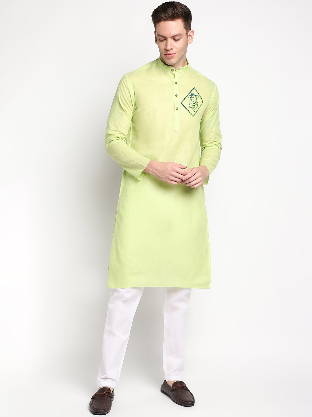 

DEVOILER Graphic Printed Mandarin Collar Straight Kurta, Lime green