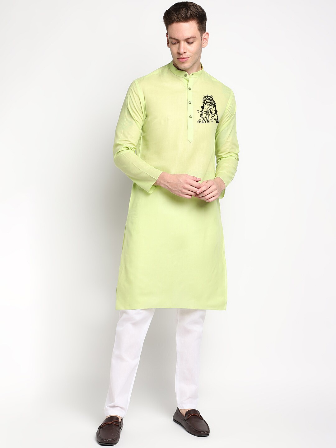 

DEVOILER Ethnic Motifs Printed Mandarin Collar Long Sleeves Straight Kurta, Lime green