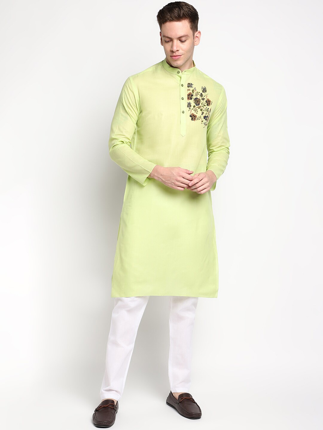 

DEVOILER Floral Printed Band Collar Kurta, Lime green