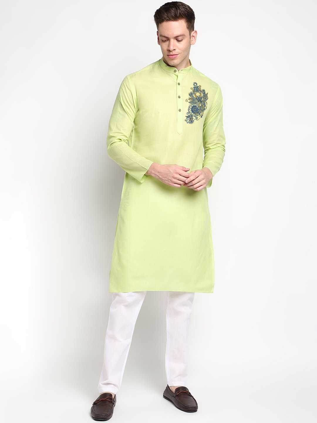 

DEVOILER Ethnic Motifs Digital Printed Band Collar Kurta, Lime green