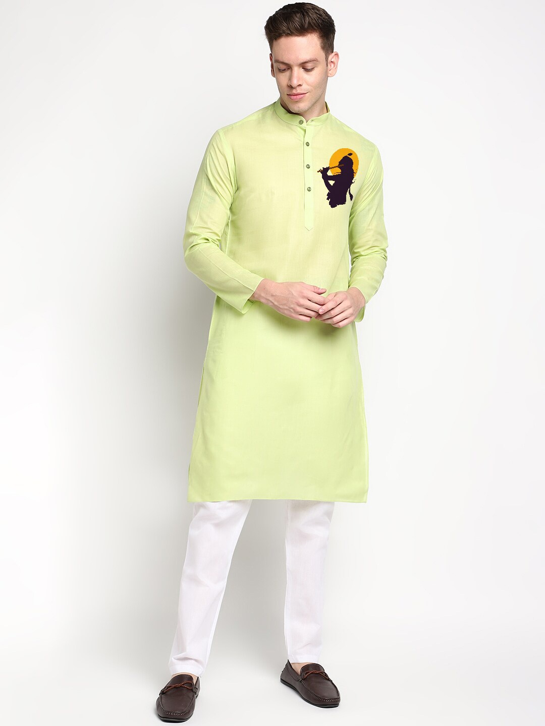 

DEVOILER Ethnic Motifs Printed Band Collar Straight Kurta, Lime green