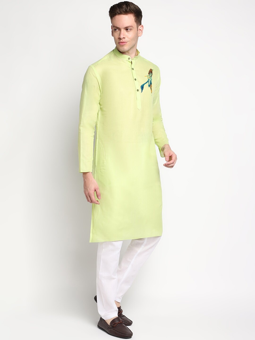 

DEVOILER Ethnic Motifs Digital Printed Band Collar Kurta, Lime green