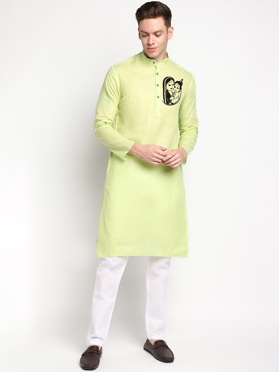 

DEVOILER Graphic Printed Mandarin Collar Straight Kurta with Pyjamas, Lime green