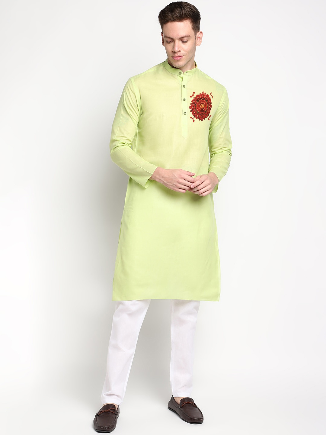 

DEVOILER Quirky Block Printed Band Collar Straight Kurta with Pyjamas, Lime green