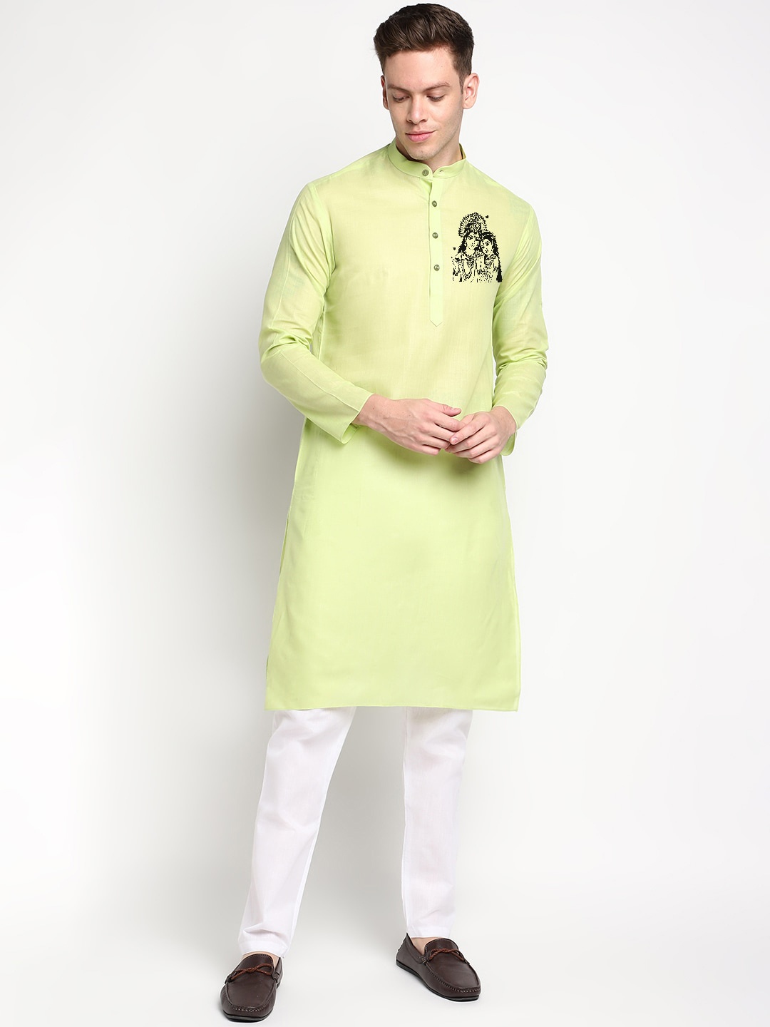 

DEVOILER Quirky Block Printed Band Collar Straight Kurta with Pyjamas, Lime green