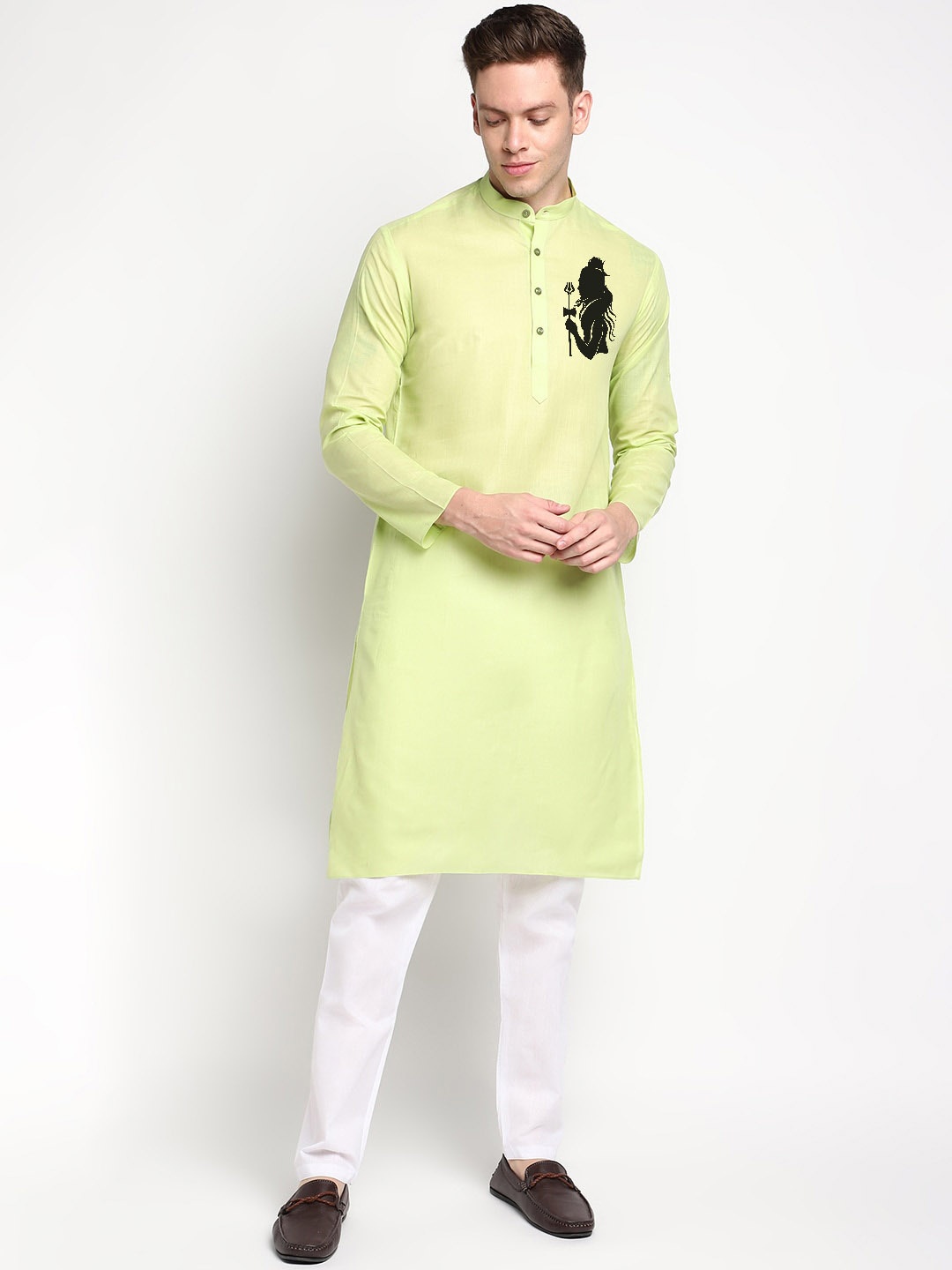 

DEVOILER Ethnic Motifs Printed Mandarin Collar Straight Kurta with Pyjamas, Lime green