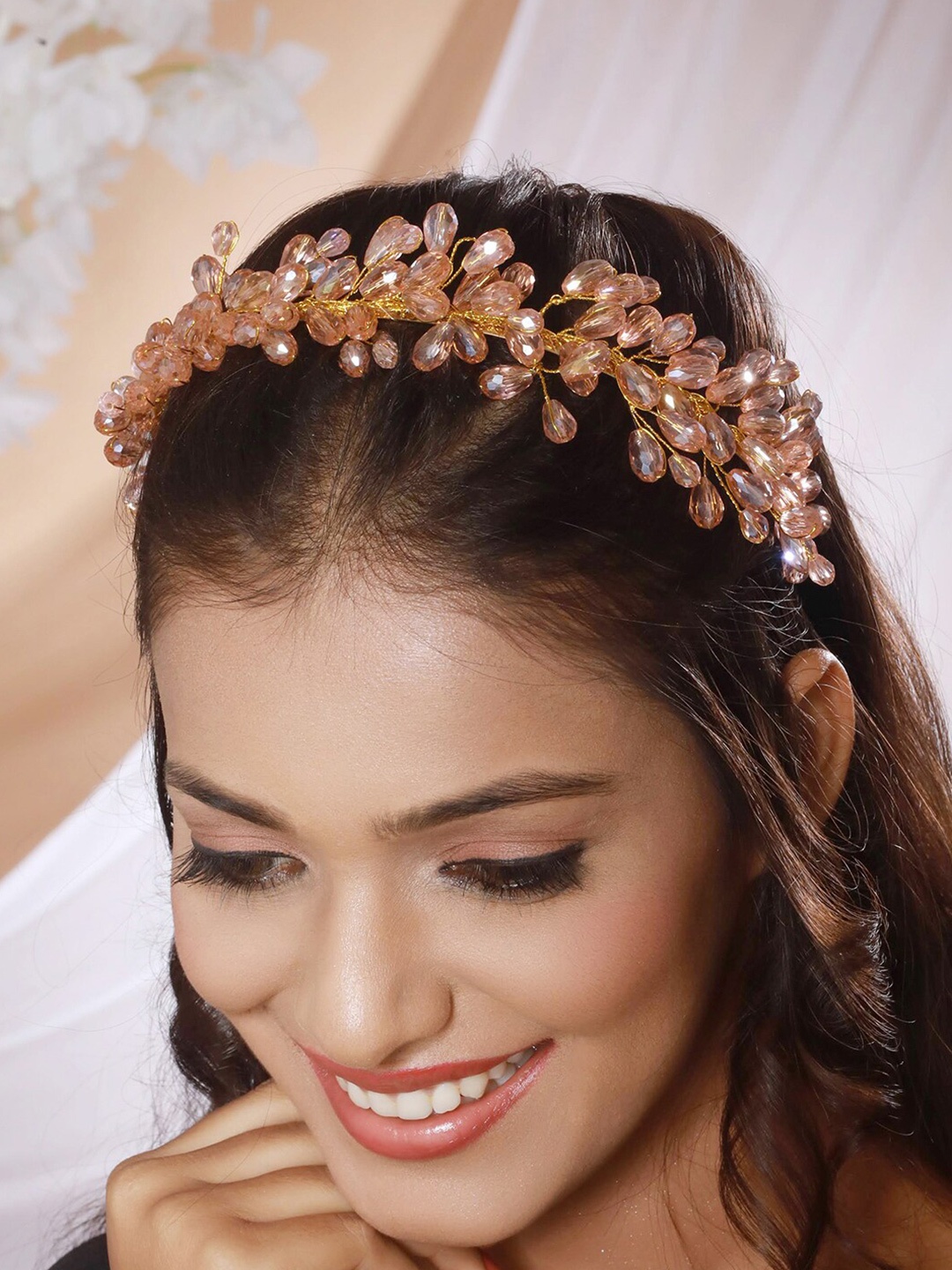 

DressBerry Embellished Pearl Studded Flower Tiara, Peach