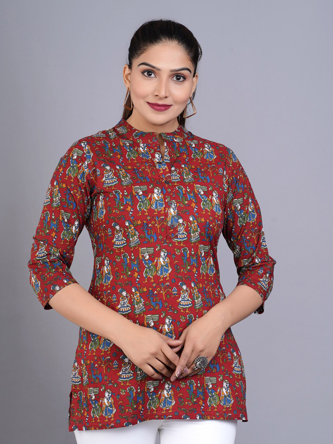 

BAESD Ethnic Motifs Printed Mandarin Collar Kurti, Maroon