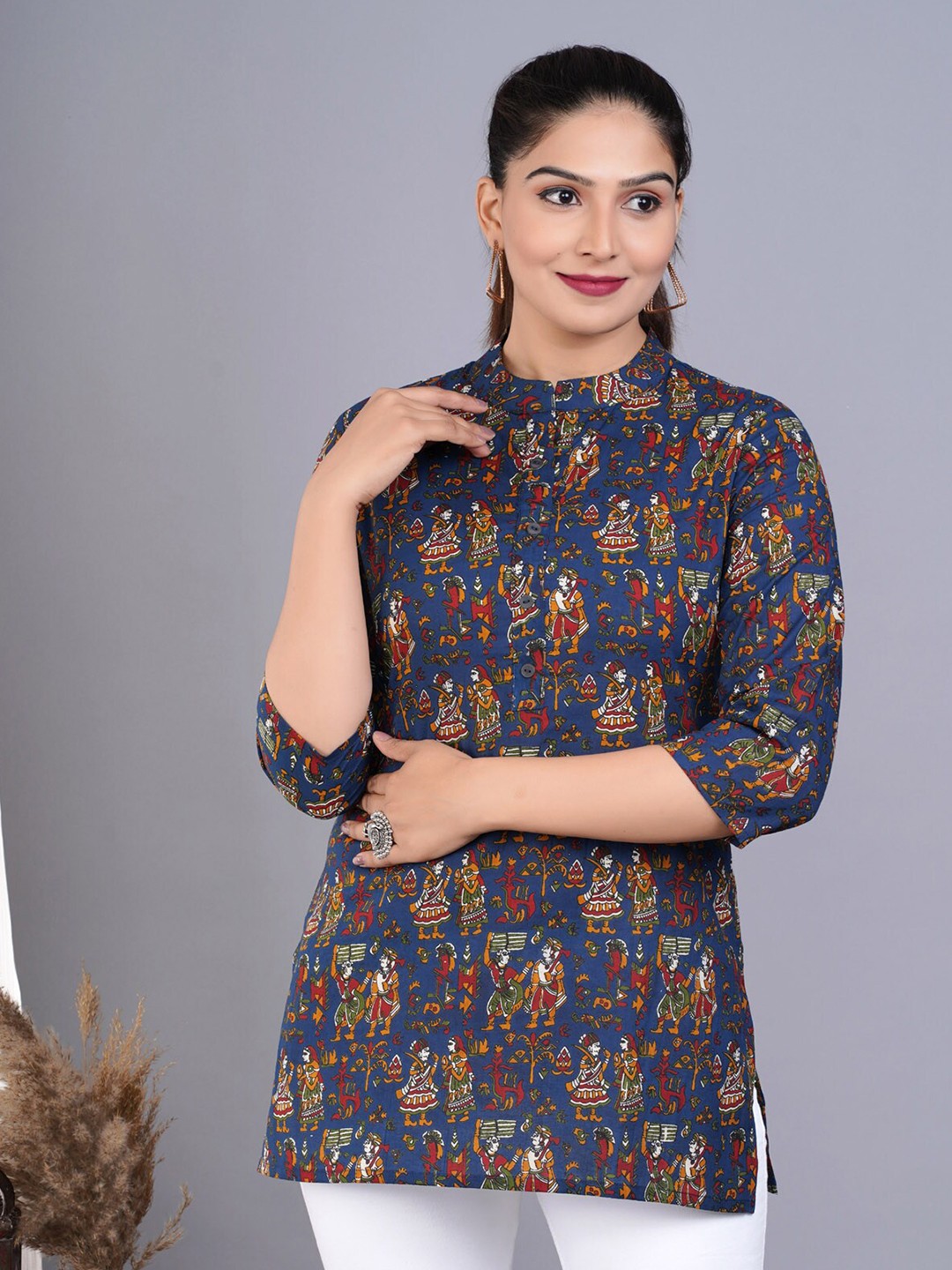

BAESD Ethnic Printed Mandarin Collar Shirt Style Top, Navy blue