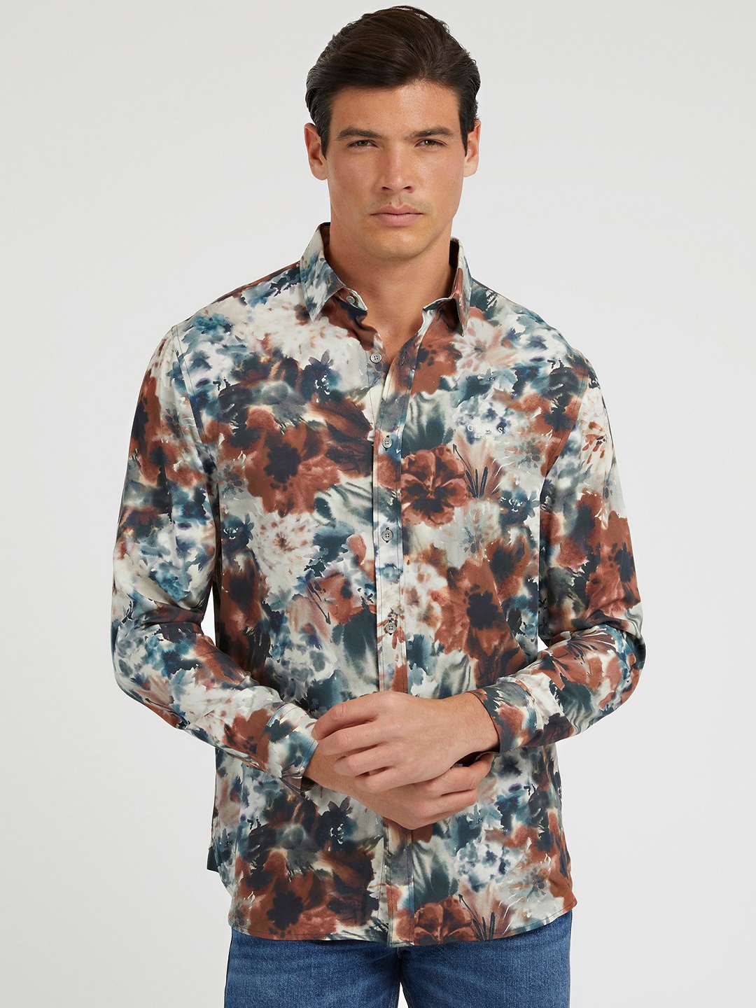 

GUESS Floral Printed Classic Modal Casual Shirt, Teal