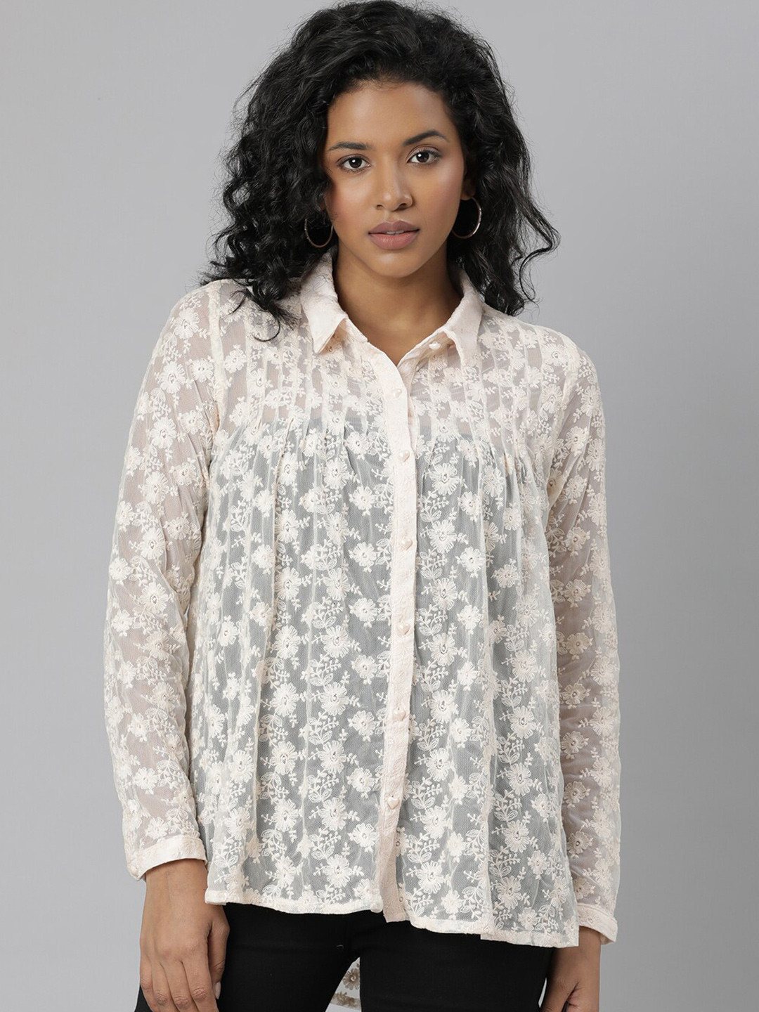 

SHOWOFF Floral Embroidered Shirt Collar Semi Sheer Shirt Style Top, Cream