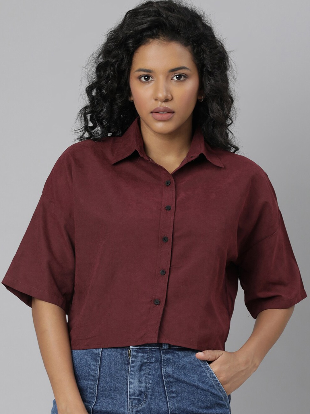 

SHOWOFF Standard Drop-Shoulder Sleeves Cotton Boxy Casual Shirt, Maroon