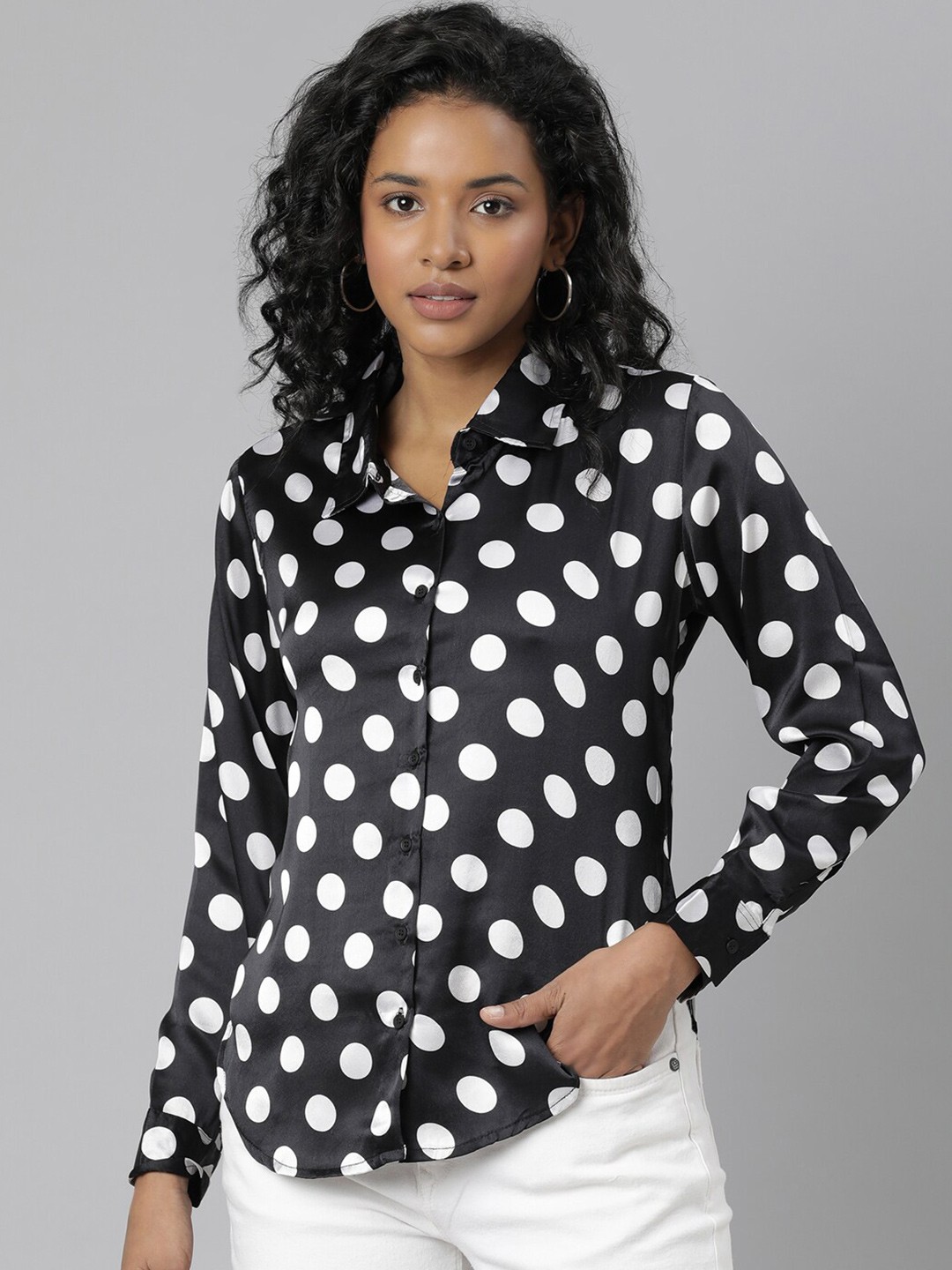 

SHOWOFF Standard Slim Fit Polka Dots Printed Satin Casual Shirt, Black