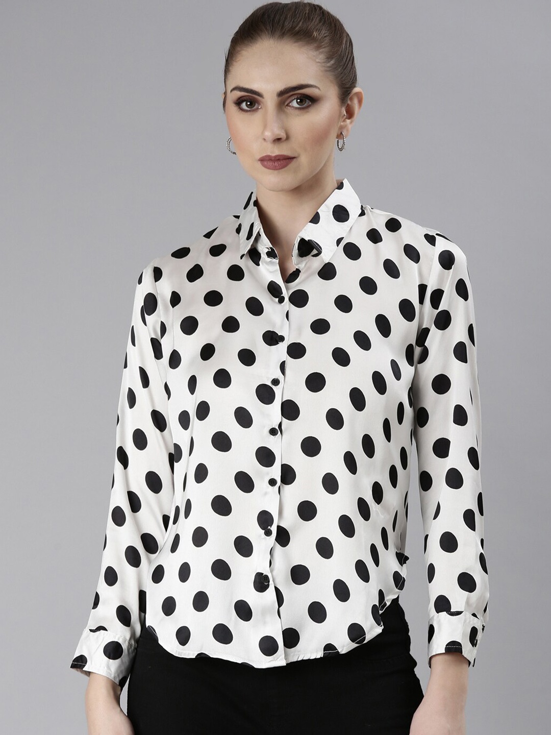 

SHOWOFF Standard Slim Fit Polka Dot Printed Satin Casual Shirt, White