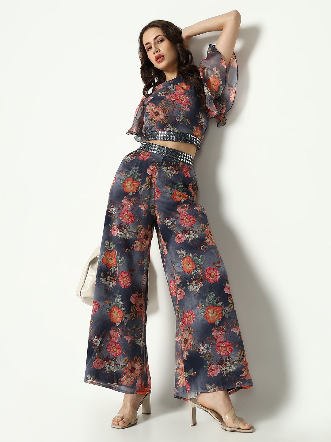 SHOWOFF Floral Printed Mirror Work Top With Palazzo, Grey