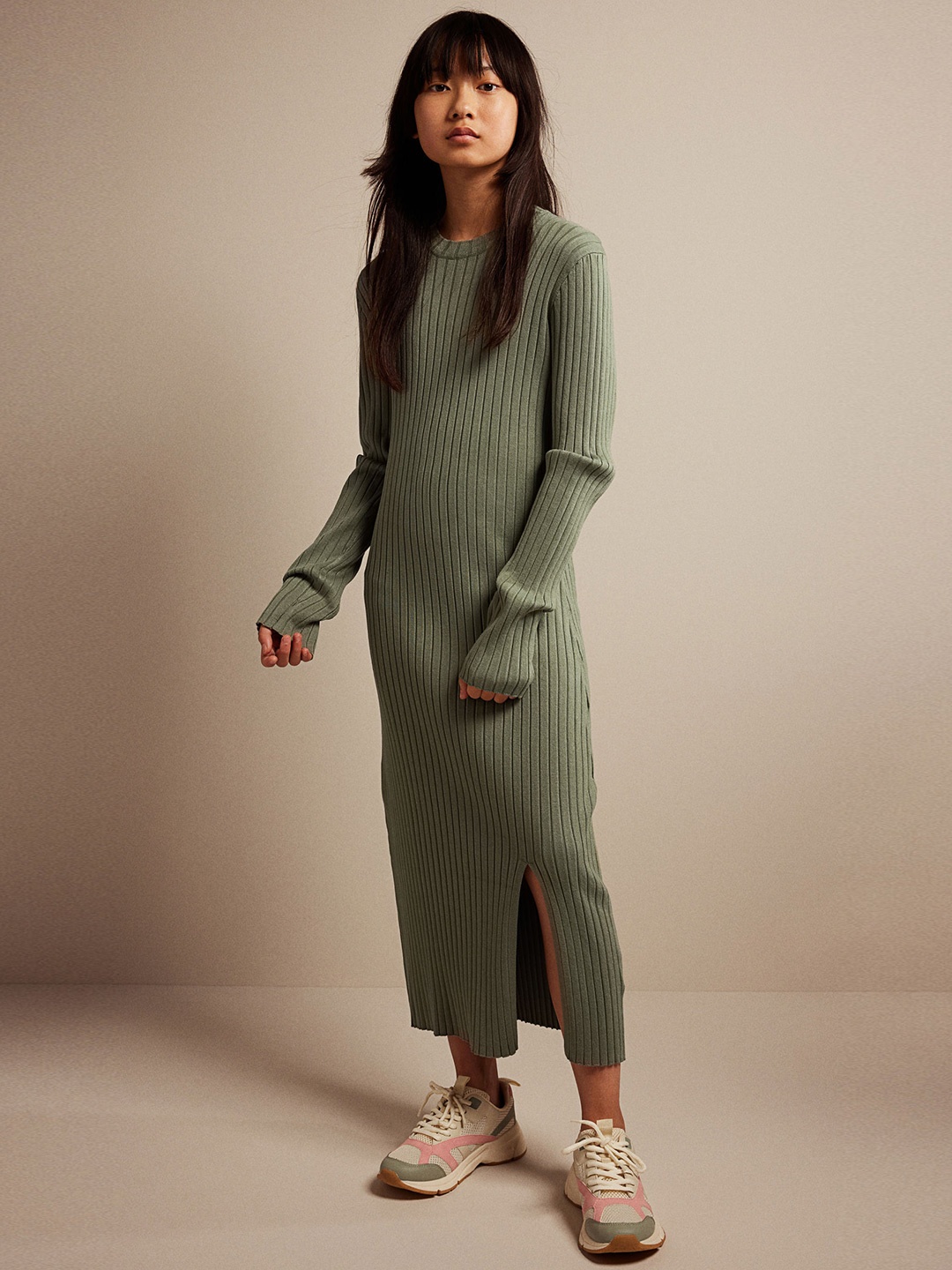 

H&M Girls Rib-Knit Midi Dress, Green