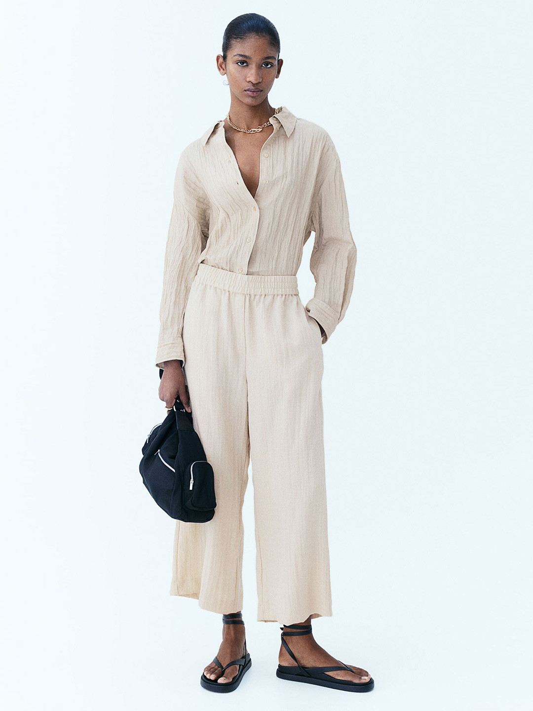 

H&M Crinkled Shirt, Beige