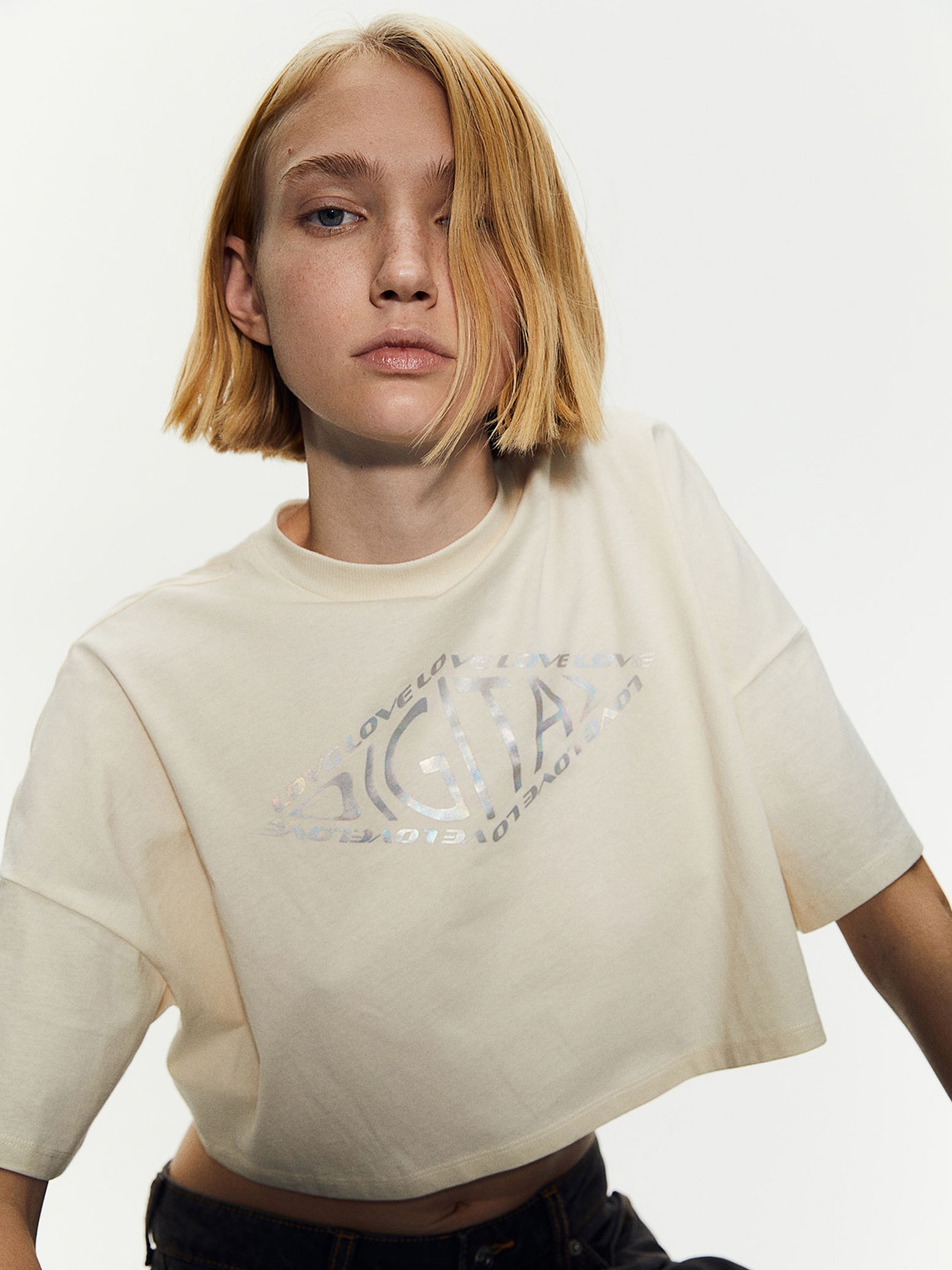 

H&M Cropped Cotton T-Shirt, Beige
