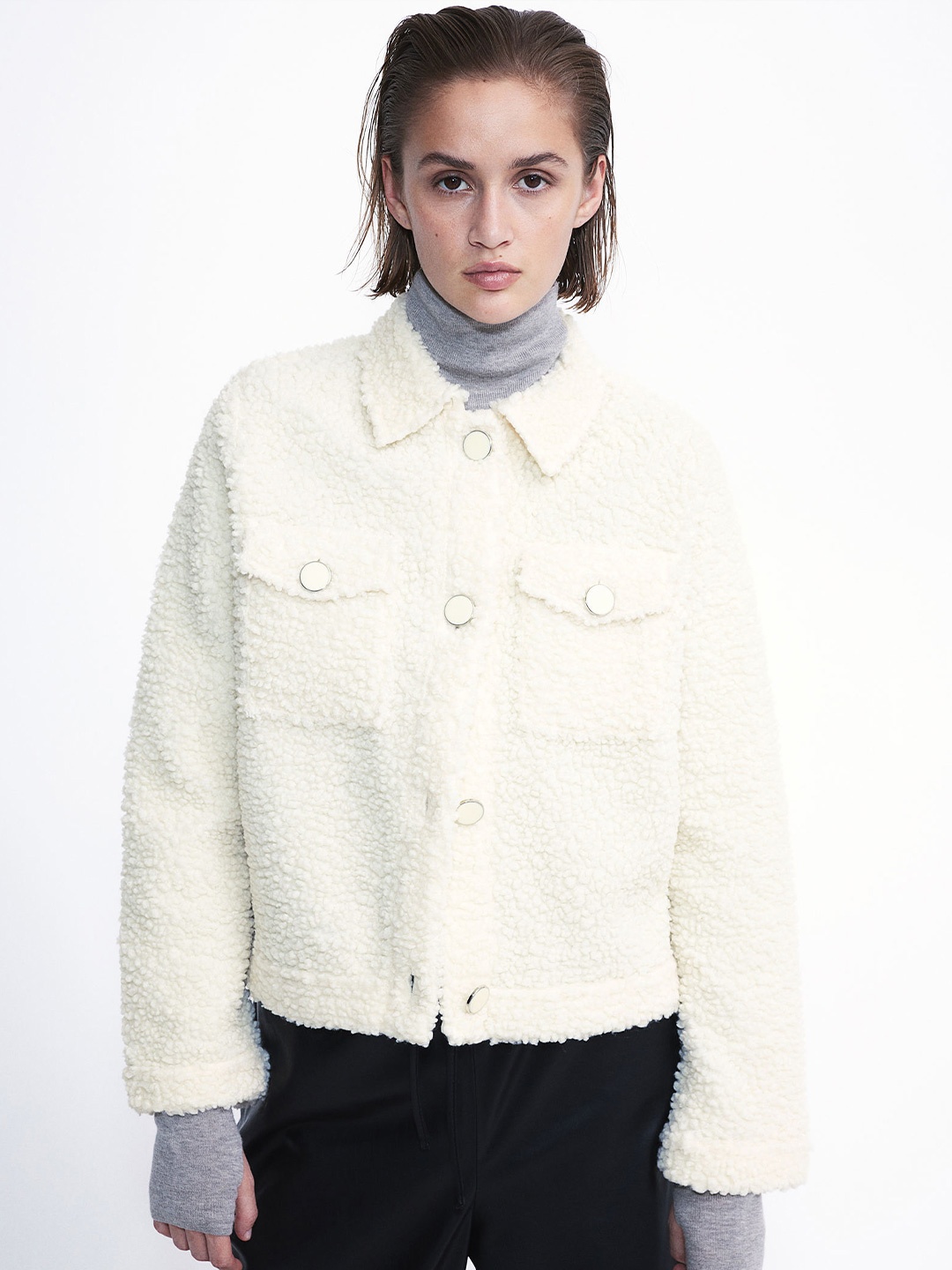 

H&M Collared Teddy Cardigan, White