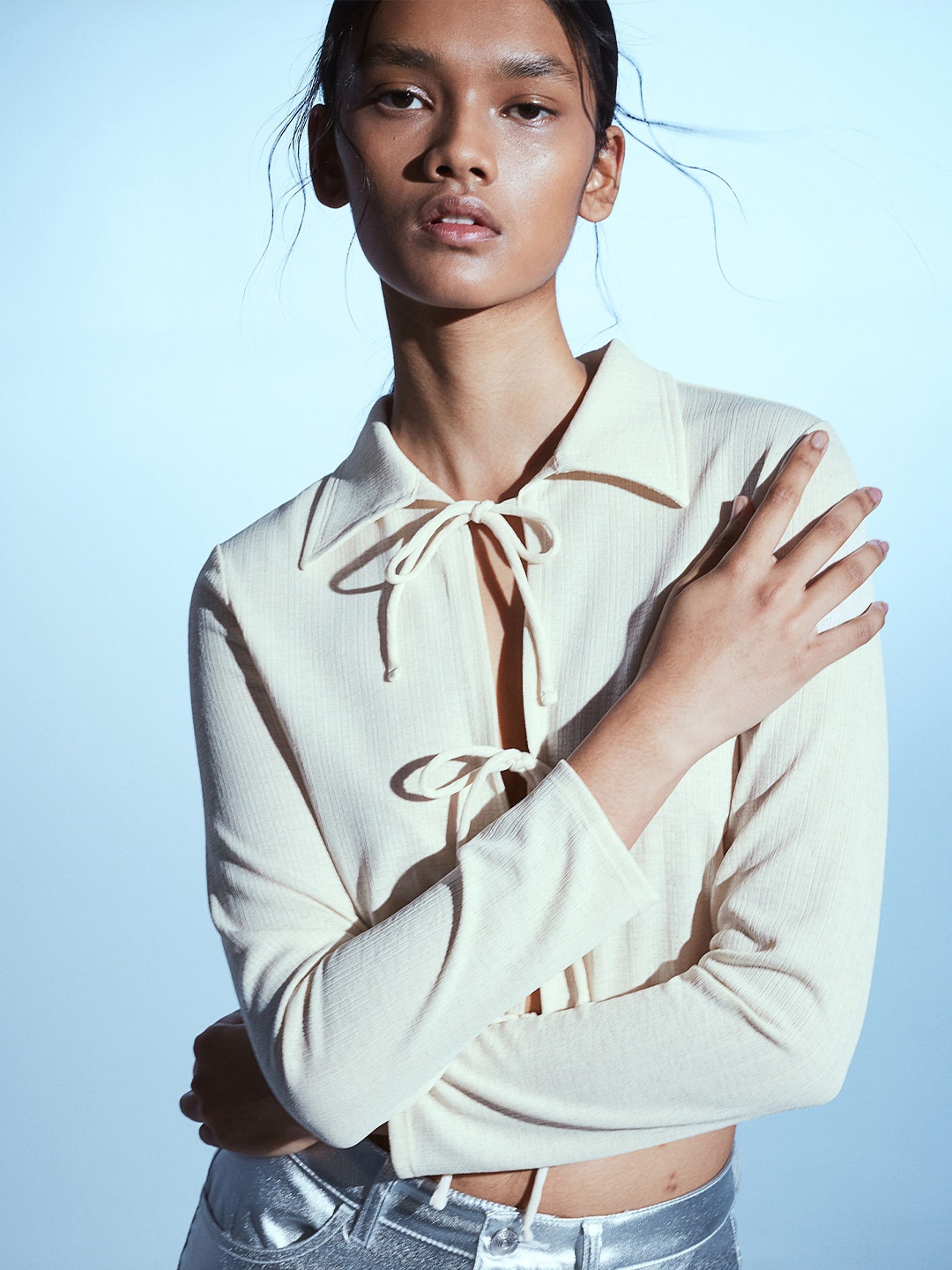 

H&M Ribbed Tie-Front Top, Beige