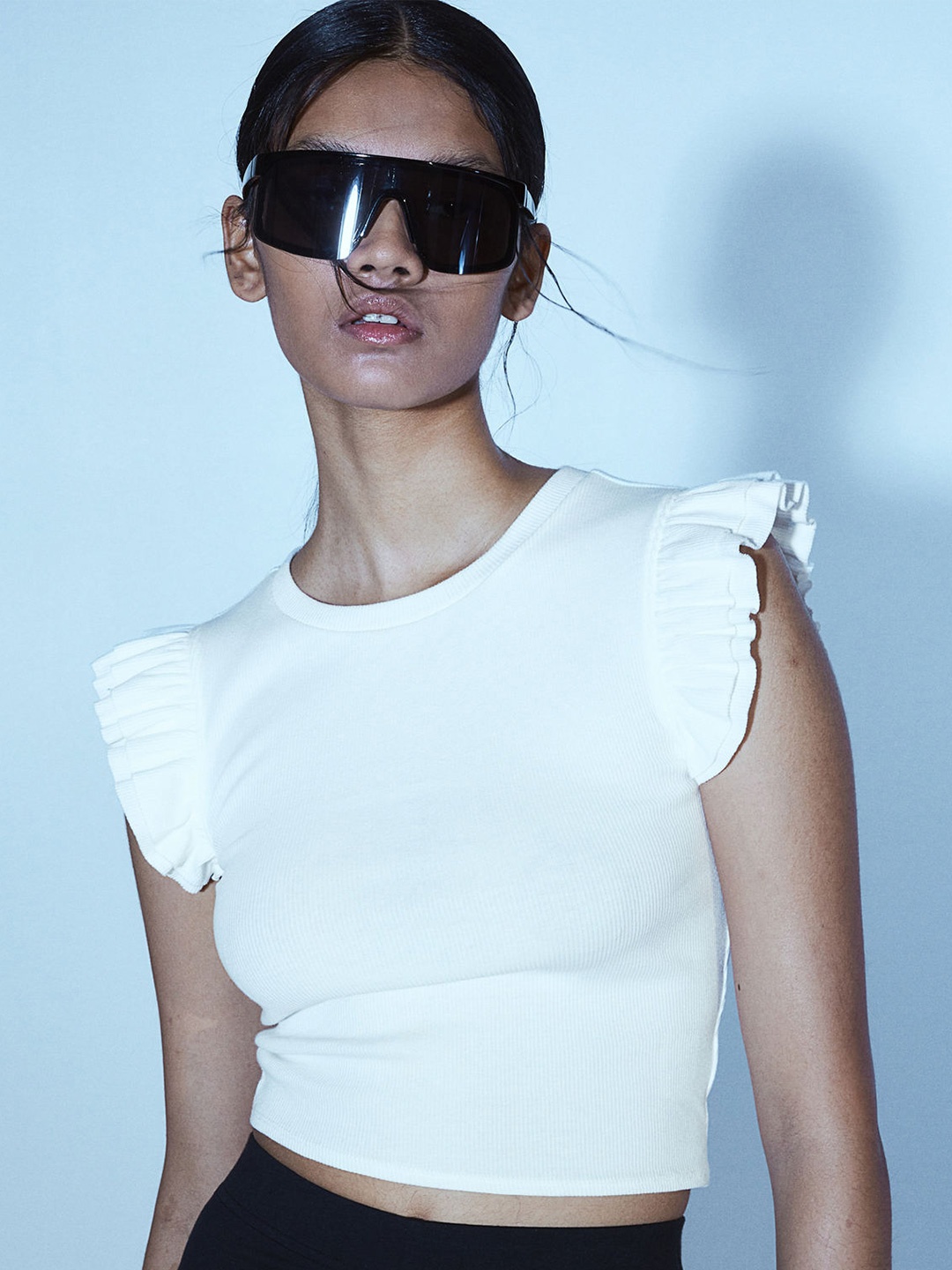 

H&M Flutter-Sleeved Ribbed Top, White