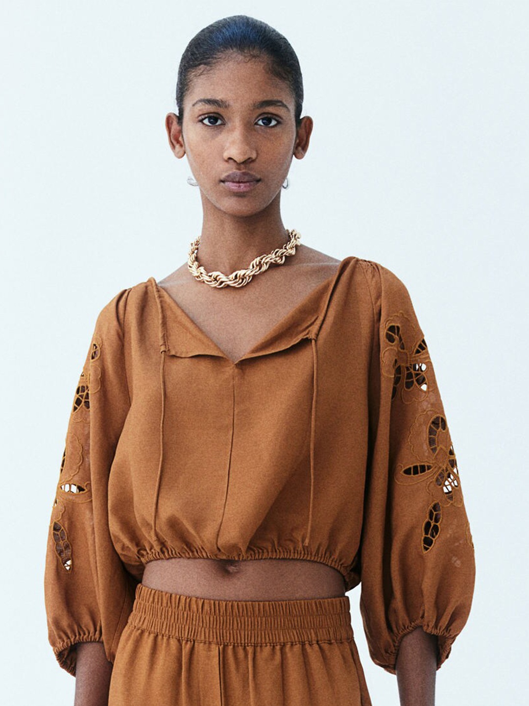 

H&M Balloon-Sleeved Blouse, Brown